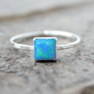 6mm Square Opal Stacking ring ~ Opal ring - STERLING SILVER Opal RING - Gemstone Ring - Handmade - modern - minimalist