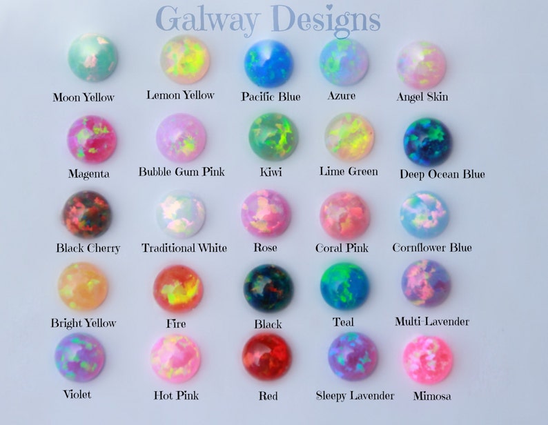 May include: A chart of 18 different opal cabochons, each with a unique color and pattern. The colors include moon yellow, lemon yellow, pacific blue, azure, angel skin, magenta, bubble gum pink, kiwi, lime green, deep ocean blue, black cherry, traditional white, rose, coral pink, cornflower blue, bright yellow, fire, black, teal, multi lavender, violet, hot pink, red, sleepy lavender, and mimosa.