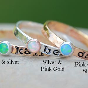 HAND STAMPED Stacking OPAL Ring - Hand Stamped stacking rings with Gemstones - Personalized, silver, pink gold rings - Mothers ring -Wedding