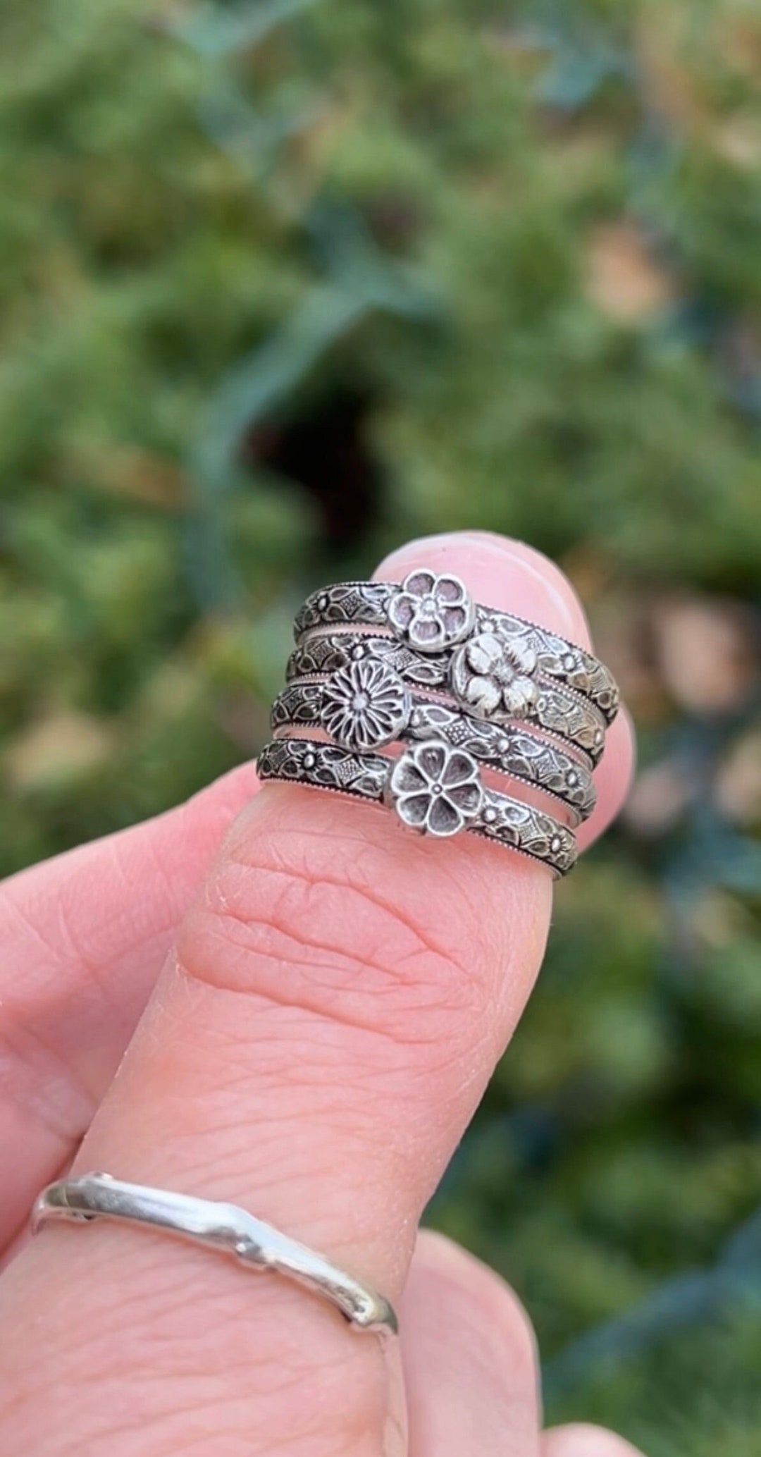 Sterling Silver Flower Stacking Rings - Violet - Daisy - Cherry Blossom ...