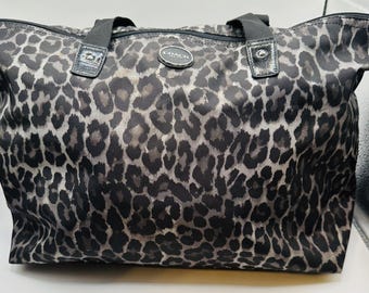 Coach Leopard Print Nylon Boston Bag Black/Grey Large Travel Tote