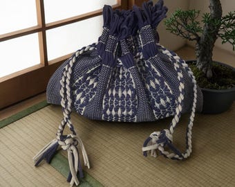 Japanese Komebukuro Rice Bag Drawstring Pouch Handwoven Textile Boho Artisan Purple