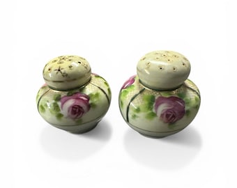 Salière et poivrière en porcelaine peinte à la main vintage roses florales accent doré