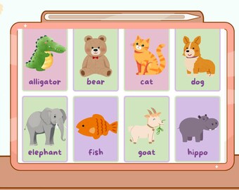 動物の名前と絵のフラッシュカード｜幼児向け学習カード（デジタルダウンロード）