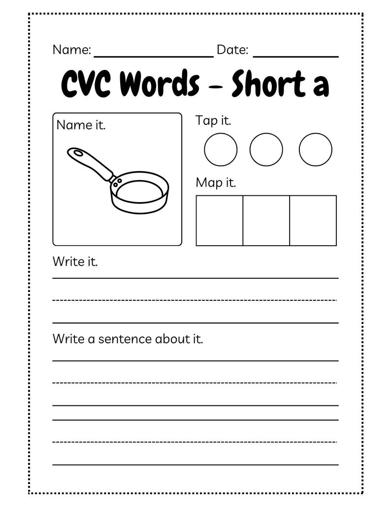 May include: A black and white worksheet for learning CVC words. The worksheet includes sections for naming, tapping, and mapping words, along with space to write the word and a sentence. The title "CVC Words - Short a" is displayed at the top.