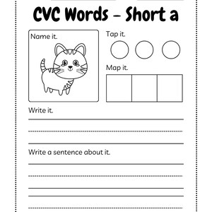 May include: A black and white worksheet titled "CVC Words - Short a" with fill-in-the-blank sections for "Name it," "Tap it," "Map it," and "Write it." Includes a cartoon cat illustration.