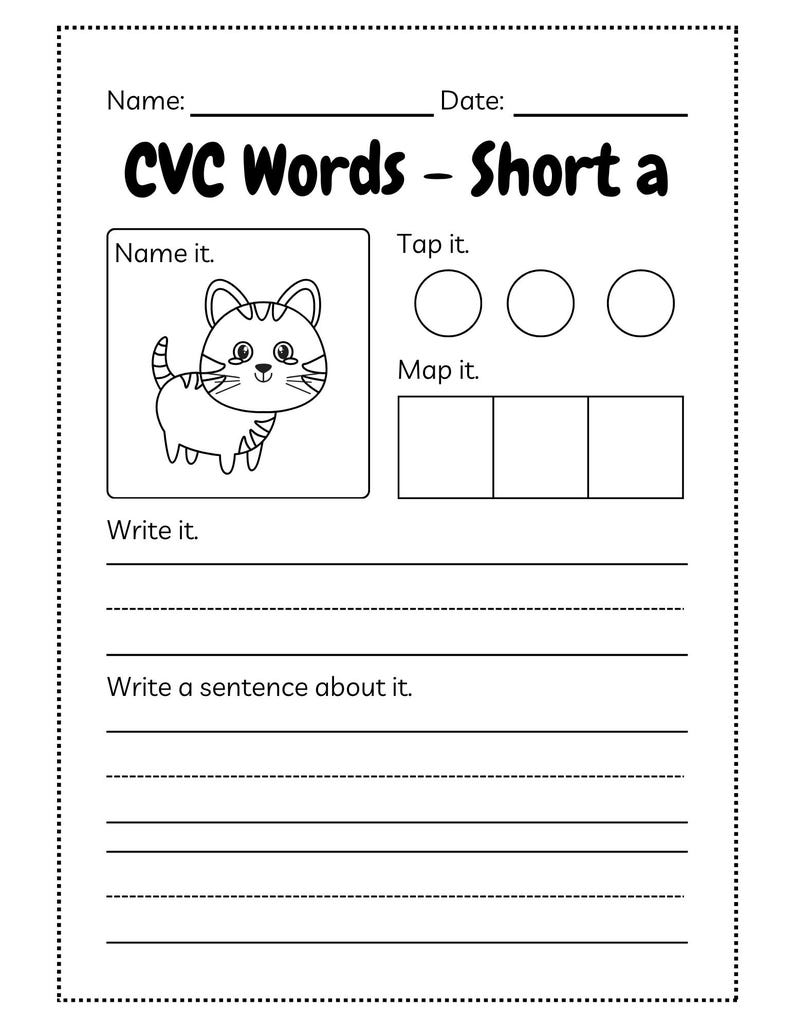 May include: A black and white worksheet titled "CVC Words - Short a" with fill-in-the-blank sections for "Name it," "Tap it," "Map it," and "Write it." Includes a cartoon cat illustration.