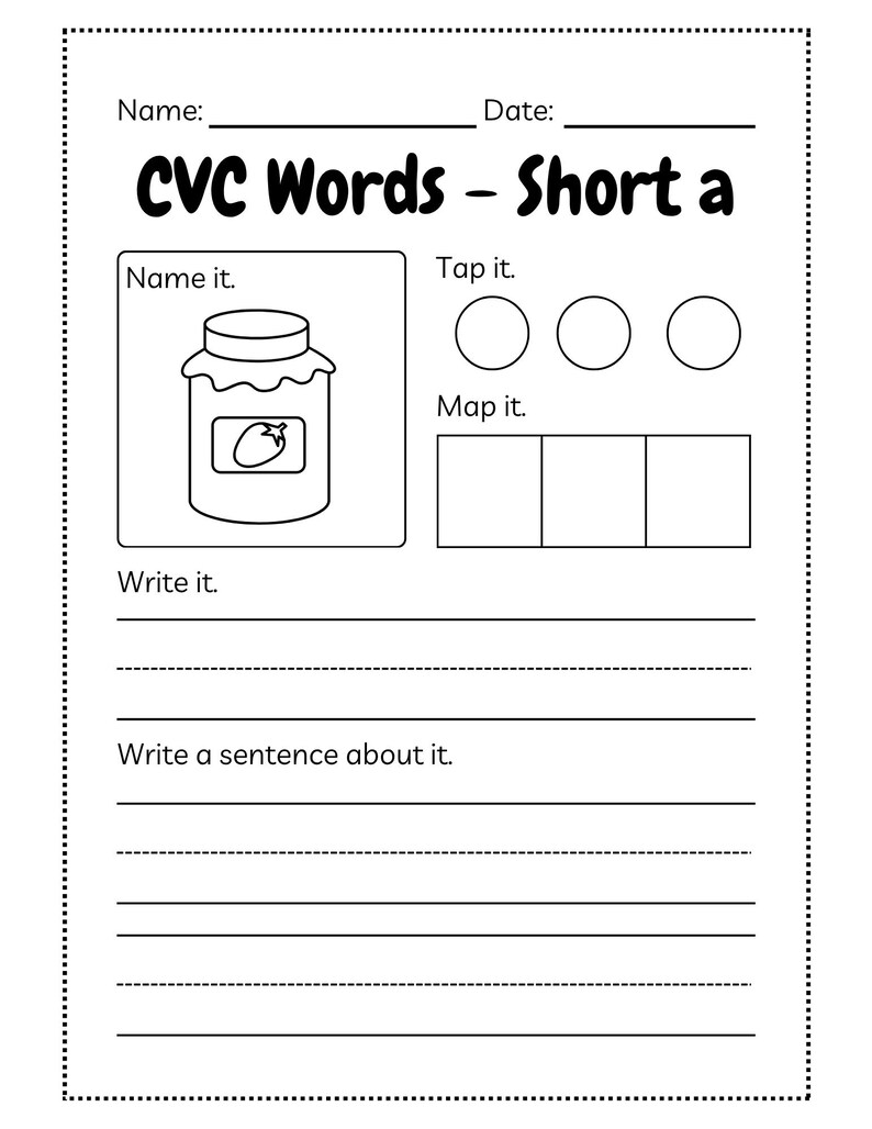 May include: A black and white worksheet for learning CVC words. The worksheet includes sections for naming, tapping, and mapping words, along with space to write the word and a sentence. The image includes a drawing of a jar of jam.