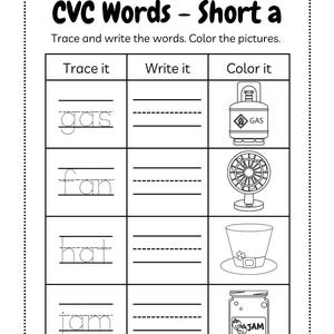 May include: Black and white worksheet for learning CVC words with the short 'a' sound. Includes tracing, writing, and coloring activities. Features illustrations of a gas tank, fan, hat, and jar of jam.