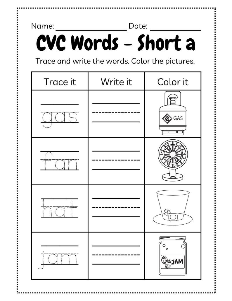 May include: Black and white worksheet for learning CVC words with the short 'a' sound. Includes tracing, writing, and coloring activities. Features illustrations of a gas tank, fan, hat, and jar of jam.