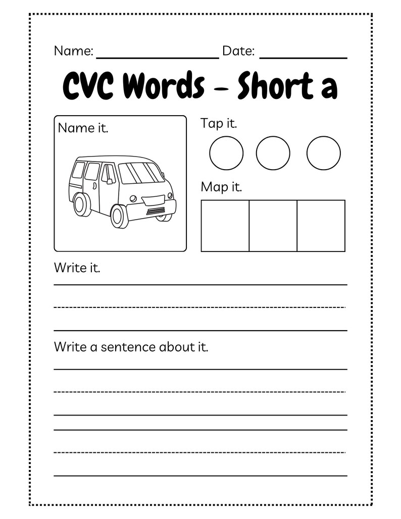 May include: A black and white worksheet for learning CVC words. The worksheet includes sections for naming, tapping, and mapping words, along with space to write the word and a sentence. A drawing of a van is included.