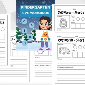 May include: A collection of kindergarten workbooks with the title "KINDERGARTEN CVC WORKBOOK". The workbooks feature CVC word exercises with illustrations of a map, backpack, and van. The cover has a cartoon girl and a cat.