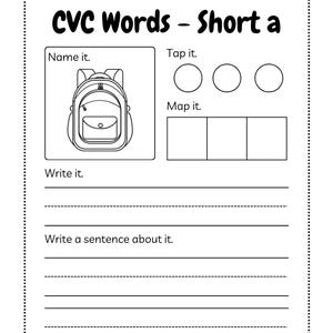 May include: A black and white worksheet titled "CVC Words - Short a" with fill-in-the-blank sections for "Name it," "Tap it," and "Map it." Includes a line drawing of a backpack. The worksheet also has lines for writing and sentence creation.
