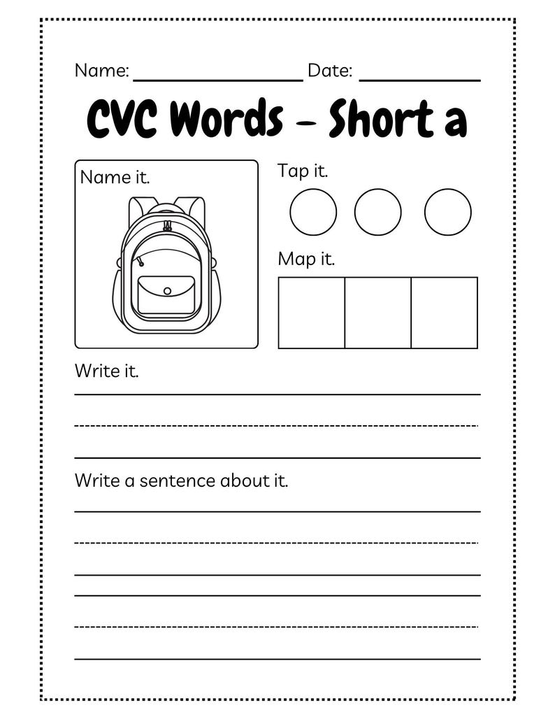 May include: A black and white worksheet titled "CVC Words - Short a" with fill-in-the-blank sections for "Name it," "Tap it," and "Map it." Includes a line drawing of a backpack. The worksheet also has lines for writing and sentence creation.