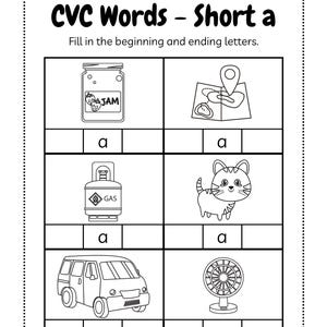 May include: Black and white worksheet for learning CVC words with the short 'a' sound. Includes illustrations of a jar of jam, a map, a gas tank, a cat, a van, and a fan. The worksheet has fill-in-the-blank sections.