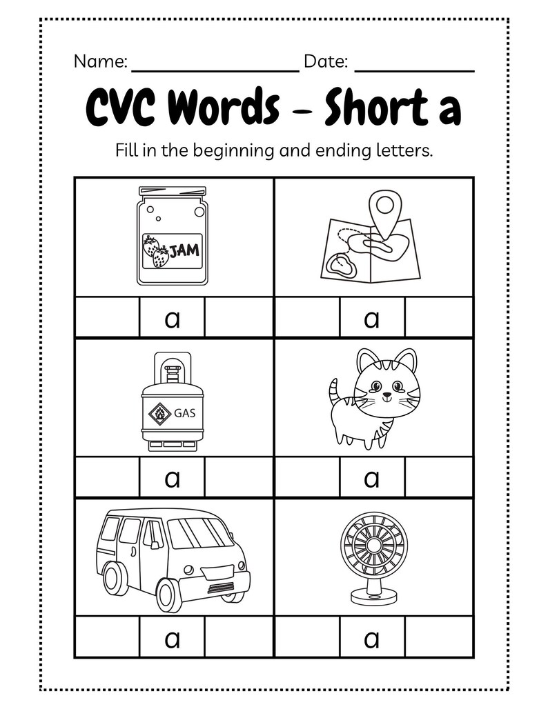 May include: Black and white worksheet for learning CVC words with the short 'a' sound. Includes illustrations of a jar of jam, a map, a gas tank, a cat, a van, and a fan. The worksheet has fill-in-the-blank sections.