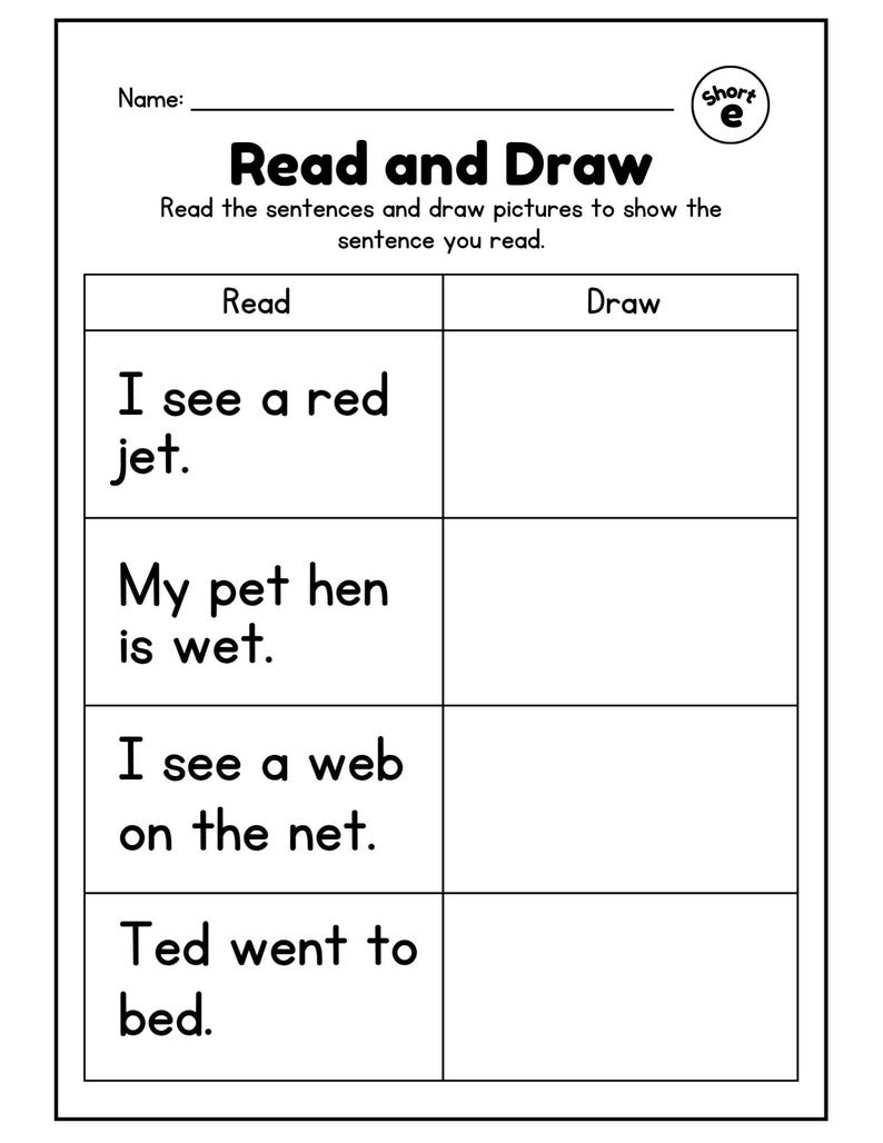 May include: A black and white worksheet titled "Read and Draw." The worksheet includes four sentences: "I see a red jet," "My pet hen is wet," "I see a web on the net," and "Ted went to bed." Each sentence has a corresponding box for drawing.