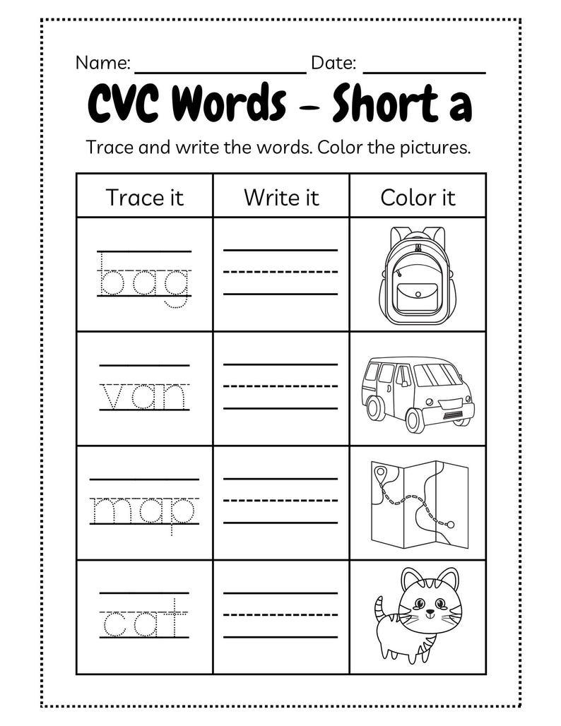 May include: Black and white worksheet for early learners. The worksheet includes the text "CVC Words - Short a". It features tracing and writing exercises for words like "bag", "van", "map", and "cat", along with corresponding illustrations for coloring.