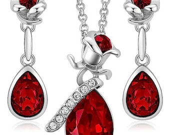VALENTINE THEME FLOWER and teardrop necklace and earring set