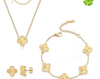 Clover Necklace Set, Engraved Gold Four Leaf Jewelry Bundle, Titanium Steel Bracelet and Earrings, Sweet Minimalist Gift
