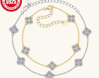 Women's Bracelet Sterling Silver Four-leaf Clover Moissanite Chain Bracelet - Clover Bracelet