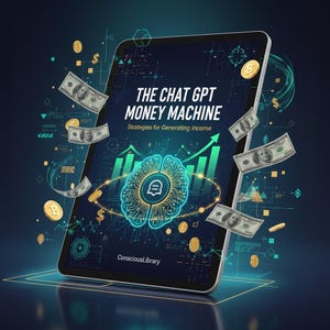 May include: A digital tablet displays the title "THE CHAT GPT MONEY MACHINE" with the subtitle "Strategies for Generating Income." The image features a brain graphic, dollar bills, and gold coins against a dark blue background.