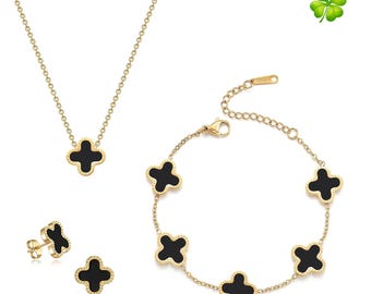 Clover Necklace Set, Black Shell Four Leaf Jewelry Bundle, Gold Titanium Steel Bracelet and Earrings, Sweet Minimalist Gift