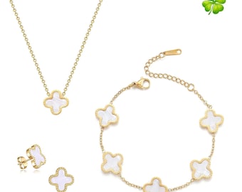 Clover Necklace Set, White Shell Four Leaf Jewelry Bundle, Gold Titanium Steel Bracelet and Earrings, Sweet Minimalist Gift