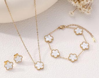 Clover Necklace Set, Gold Titanium Steel 5 Leaf Flower Bracelet and Earrings, Minimalist Colorful Shell Jewelry Gift for Her