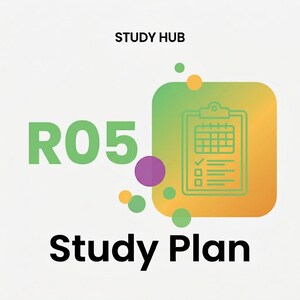 May include: A graphic with the text "STUDY HUB" at the top. Below, the text "R05" is in green, with a purple circle to the right. The words "Study Plan" are at the bottom. A green and orange gradient shape contains a clipboard icon.