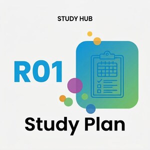 Op de afbeelding: Een afbeelding met de tekst "STUDY HUB", "R01" en "Study Plan". Een blauw en groen vierkant bevat een klembordpictogram met een kalender en checklist. Kleurrijke cirkels omringen de tekst en het pictogram.