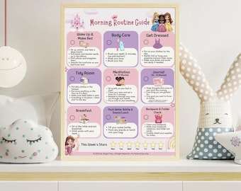 Tabella della routine mattutina per ragazze / Guida alla routine quotidiana stampabile / Tabella delle faccende / Programma visivo / Bambini in età prescolare e scolare in formato PDF