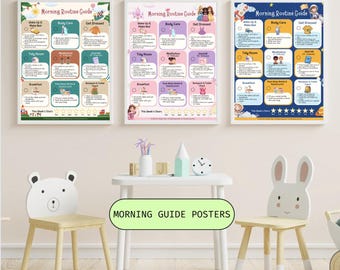 Könnte beinhalten: Drei gerahmte "Morning Routine Guide" Poster mit farbenfrohen Illustrationen und Text. Die Poster werden über einem kleinen weißen Tisch und zwei Kinderstühlen, einem Bären und einem Hasen, angezeigt. Der Text "MORNING GUIDE POSTERS" befindet sich in einem grünen Rechteck.