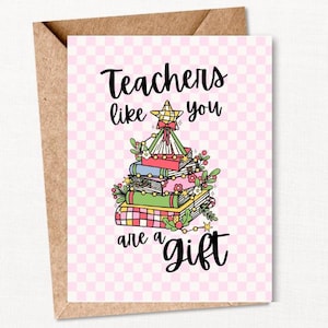Cute Teacher Christmas Card – “Teachers Like You Are a Gift” – Books Decorated with Christmas Lights & Star – Pink Holiday Greeting Card