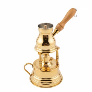 Cafetera de latón hecha a mano con pedestal decorativo para calentar - Juego de servir café dorado pulido - Decoración de mesa artesanal