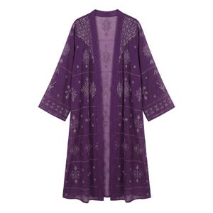 May include: A long, open-front purple kimono-style robe with a geometric pattern in a lighter shade of purple. The robe has long sleeves and a flowing design, suitable for layering or as a light cover-up. The pattern is consistent across the garment.