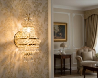Empire Family Brass & Crystal Wall Sconce - 2-Light Gold Finish Luxury Lamp - 45cm Rosary Crystal Wall Light - Elegant Neoclassical Interior