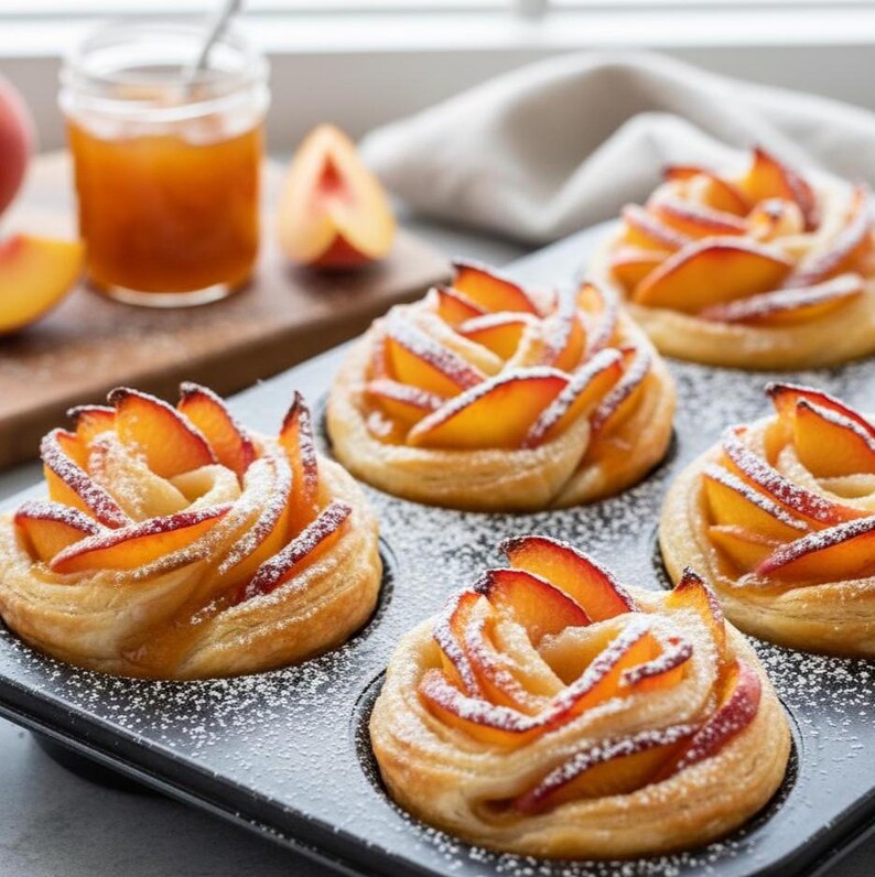May include: Close-up of peach pastries arranged in a muffin tin. Each pastry features peach slices arranged in a rose shape, dusted with powdered sugar. A jar of peach preserves and peach slices are in the background.