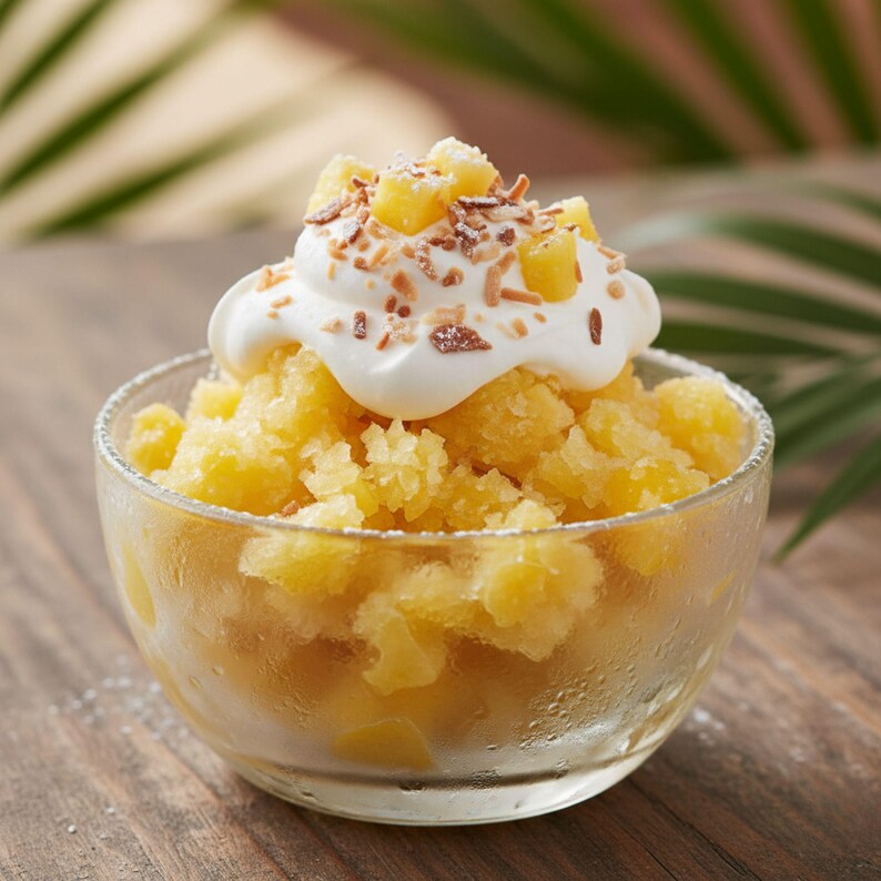 May include: A clear glass bowl filled with yellow shaved ice, topped with whipped cream, diced pineapple, and toasted coconut flakes. The dessert sits on a wooden surface, with blurred green palm leaves in the background.