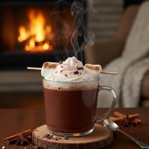 May include: A steaming mug of hot chocolate topped with whipped cream, chocolate shavings, and red sprinkles. Two toasted marshmallows are skewered on a wooden stick. The drink sits on a wooden coaster, with cinnamon sticks and a spoon nearby.