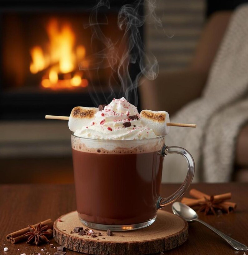 May include: A steaming mug of hot chocolate topped with whipped cream, chocolate shavings, and red sprinkles. Two toasted marshmallows are skewered on a wooden stick. The drink sits on a wooden coaster, with cinnamon sticks and a spoon nearby.