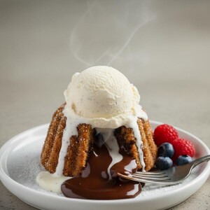 May include: A warm chocolate lava cake topped with vanilla ice cream, served on a white plate with fresh berries. The cake has a golden-brown exterior and a rich, flowing chocolate center. Steam rises from the dessert, indicating it's freshly made.
