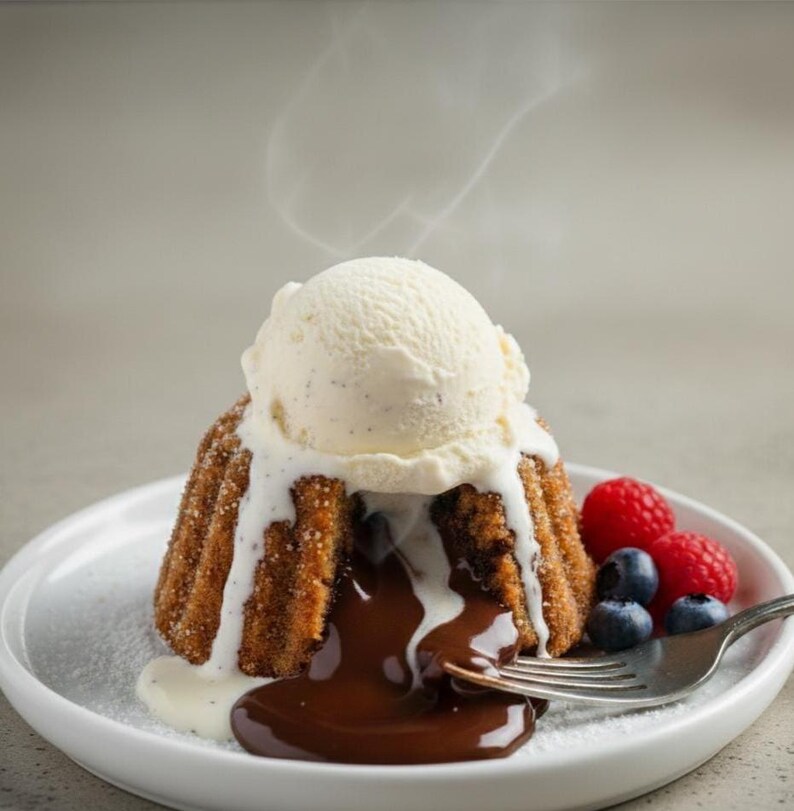 May include: A warm chocolate lava cake topped with vanilla ice cream, served on a white plate with fresh berries. The cake has a golden-brown exterior and a rich, flowing chocolate center. Steam rises from the dessert, indicating it's freshly made.