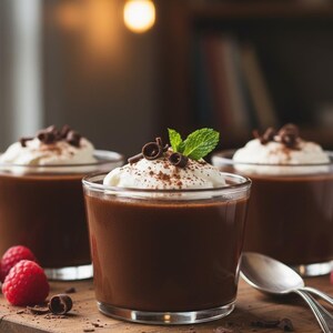 May include: Three glasses of chocolate mousse topped with whipped cream, cocoa powder, chocolate shavings, and a mint leaf. Fresh raspberries and a spoon are on a wooden surface.
