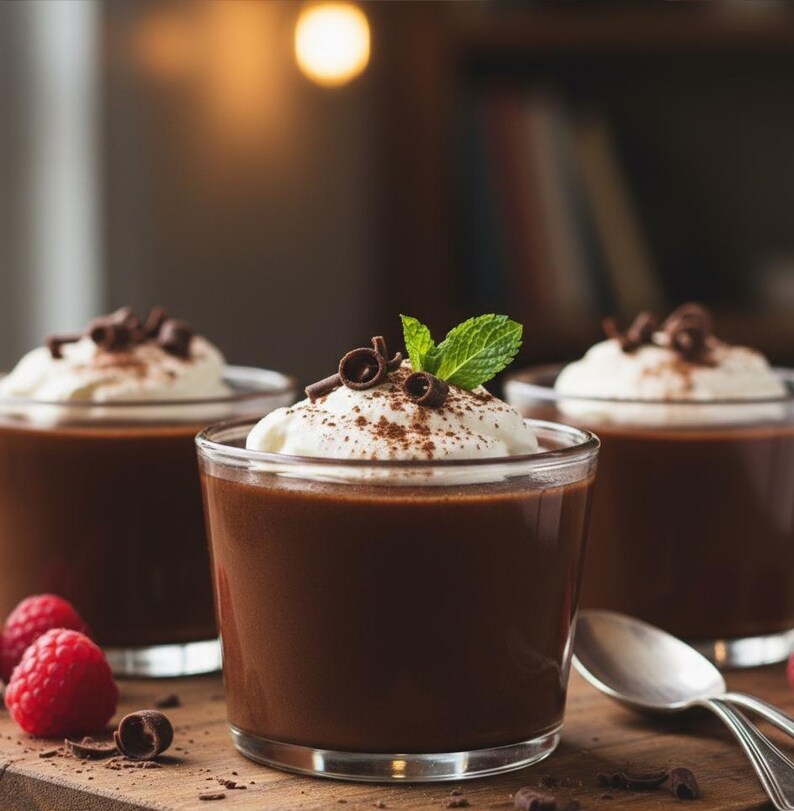 May include: Three glasses of chocolate mousse topped with whipped cream, cocoa powder, chocolate shavings, and a mint leaf. Fresh raspberries and a spoon are on a wooden surface.