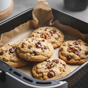 May include: Close-up of freshly baked chocolate chip cookies with walnuts in a black baking pan lined with parchment paper. The cookies are golden brown with melted chocolate chips and walnut pieces.