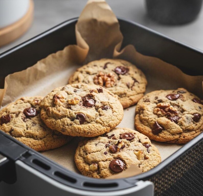 May include: Close-up of freshly baked chocolate chip cookies with walnuts in a black baking pan lined with parchment paper. The cookies are golden brown with melted chocolate chips and walnut pieces.