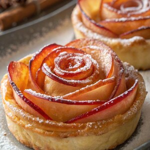 May include: Two apple rose tarts dusted with powdered sugar. The tarts feature thinly sliced apples arranged in a spiral pattern, resembling roses, atop a golden-brown pastry crust. The background includes a cinnamon stick and a metal tray.