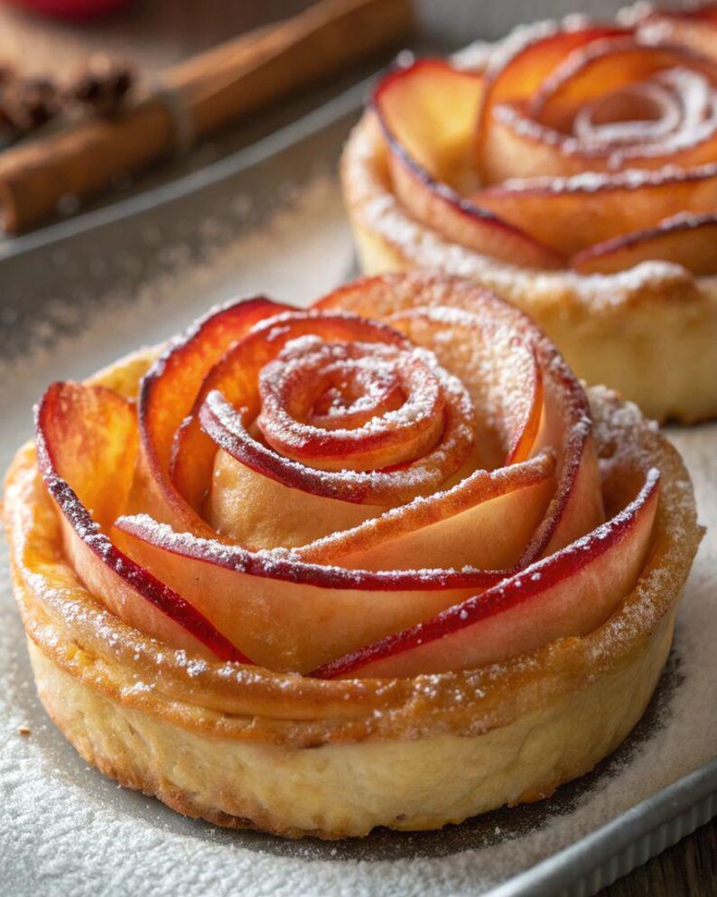 May include: Two apple rose tarts dusted with powdered sugar. The tarts feature thinly sliced apples arranged in a spiral pattern, resembling roses, atop a golden-brown pastry crust. The background includes a cinnamon stick and a metal tray.