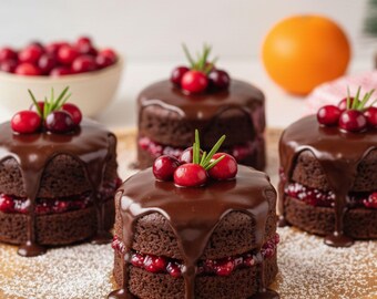 May include: Four mini chocolate cakes with a layer of red filling, topped with chocolate ganache, fresh cranberries, and rosemary sprigs. The cakes sit on a wooden serving board, with a bowl of cranberries and an orange in the background.